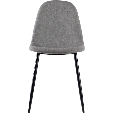 Una silla gris sobre un fondo blanco. El asiento es ovalado, las patas son negras.