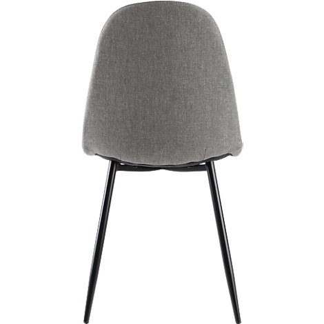 Silla gris vista desde atrás con estructura negra. El respaldo es ovalado.