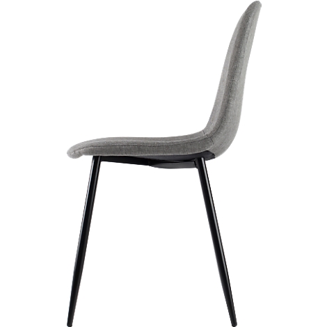 Silla gris de perfil. Asiento y respaldo acolchados sobre patas de metal negro.