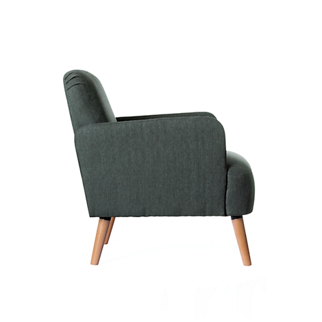 Un sillón gris oscuro de perfil, con patas y reposabrazos de madera clara.