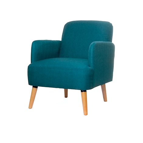 Sillón turquesa con patas de madera, sobre fondo blanco.