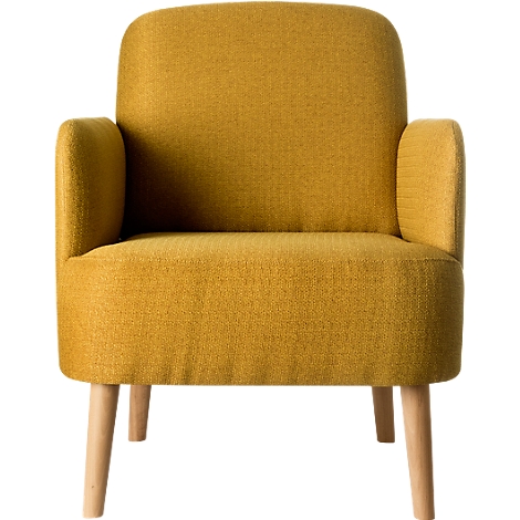 Sillón de color mostaza, forma rectangular, con patas de madera clara.