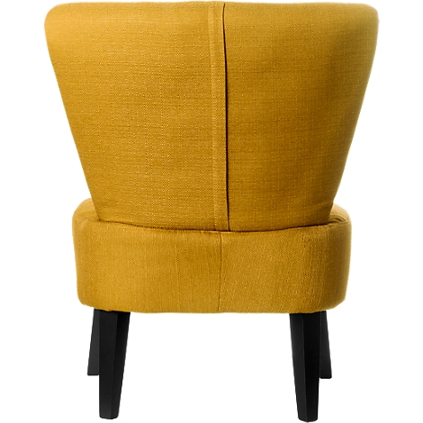 Sillón amarillo, vista trasera. Patas negras, tapicería de tela con costura vertical.