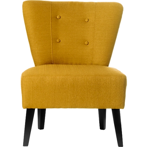 Silla de tela amarilla con patas negras; respaldo con botones. Diseño moderno.