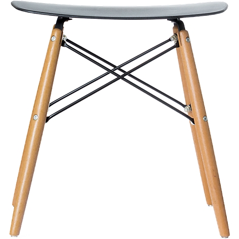 Stool with gray seat and wooden legs, connected by black struts.