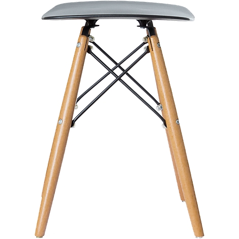 A stool with a gray seat and wooden legs connected by black struts.