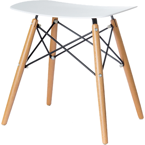 Stool with white seat and wooden legs connected by black metal struts.