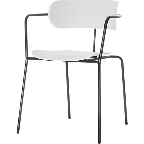 Weißer Stuhl mit schwarzem Gestell und Armlehnen. Rückenlehne und Sitzfläche sind ovalförmig.