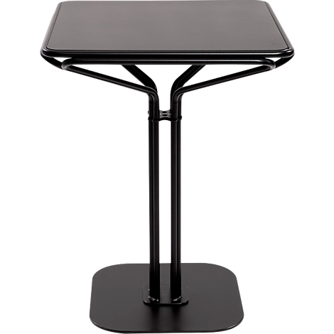 Table d'appoint noire avec un plateau carré et une base carrée, design fin.