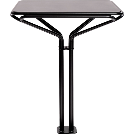 Table haute noire avec un plateau carré. Les pieds de la table sont fins et droits, la base est carrée.