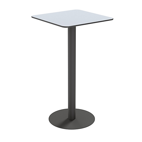 Table haute avec un plateau carré et clair. Le pied est gris avec un pied rond.