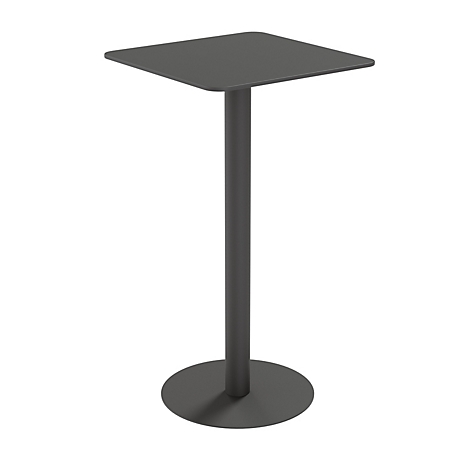 Une table haute carrée grise avec une base ronde, une table haute sur fond blanc.