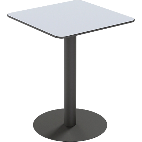 Table carrée avec plateau gris clair et piètement sombre. Le piètement a une base ronde.