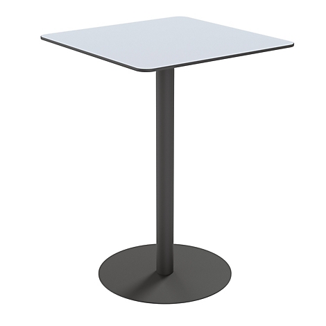 Une table haute avec un plateau carré blanc et une base ronde grise.