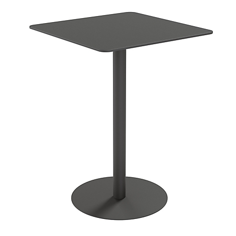 Table haute carrée gris foncé. Le plateau repose sur une colonne élancée avec un pied rond.
