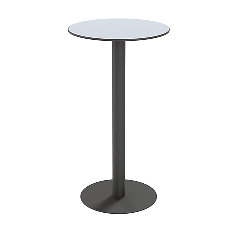 Table haute avec un plateau blanc et un pied gris.