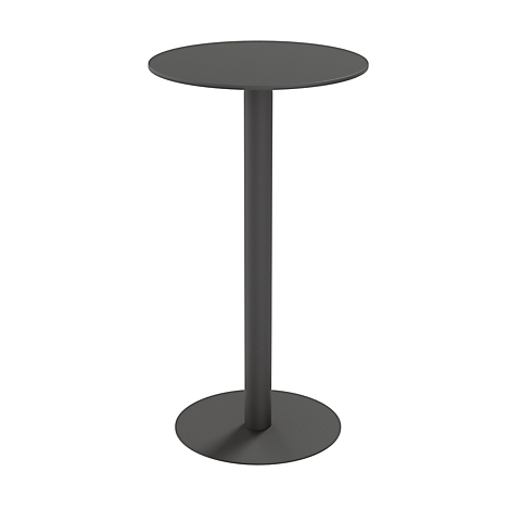 Une table de bar grise haute sur fond blanc. Plateau et base ronds, avec un pied cylindrique entre les deux.