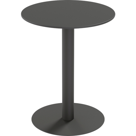 Table haute ronde gris foncé avec une base circulaire et une colonne centrale sur fond blanc.