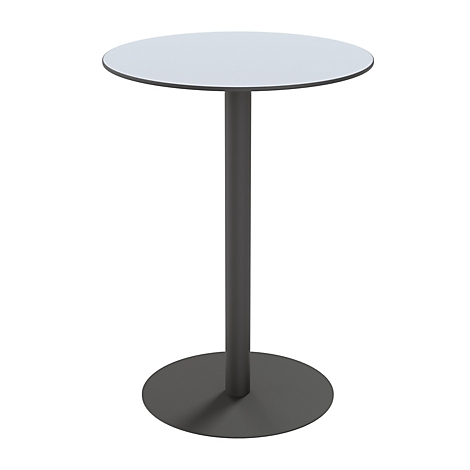 Une table ronde blanche avec un cadre gris, isolée sur fond blanc.