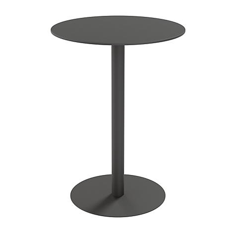 Table de bistrot grise, ronde, avec un seul pied et un pied rond.