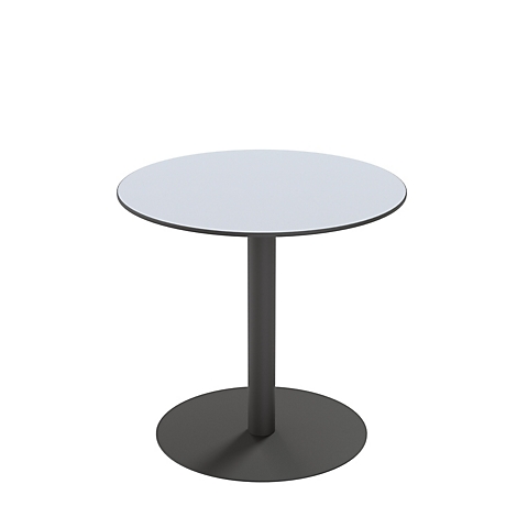 Table d'appoint ronde avec un plateau blanc, un pied gris et une base.