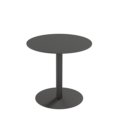 Une table d'appoint ronde grise avec un pied cylindrique et une base ronde, sur fond blanc.