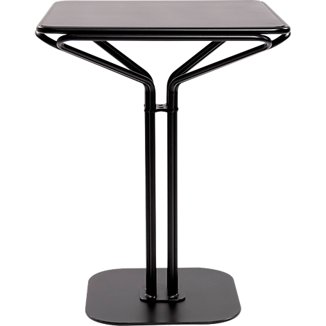 Table debout noire avec un plateau carré. Quatre entretoises métalliques soutiennent le plateau. La table a un pied rectangulaire.