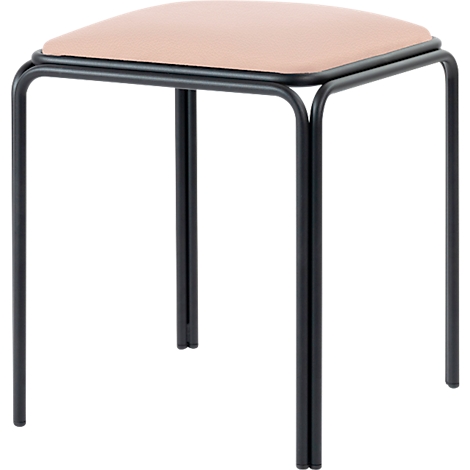 Petit tabouret, assise carrée, couleur crème. Structure en métal noir.