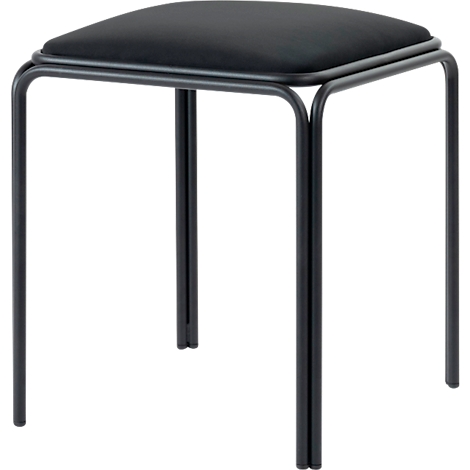 Tabouret noir avec cadre en métal et assise rembourrée.