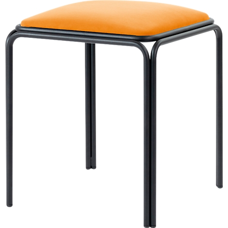 Tabouret carré avec assise orange et structure en métal noir.