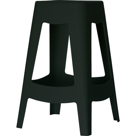 Tabouret de bar noir à quatre pieds. Le tabouret a une assise ronde et une base carrée.