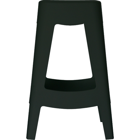 Tabouret de bar noir avec une découpe ouverte en forme de trapèze au milieu. Les pieds sont légèrement évasés.