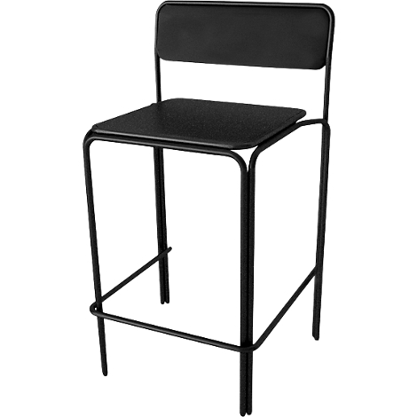 Tabouret de bar noir. Assise carrée, dossier. Structure en fines tiges métalliques noires.