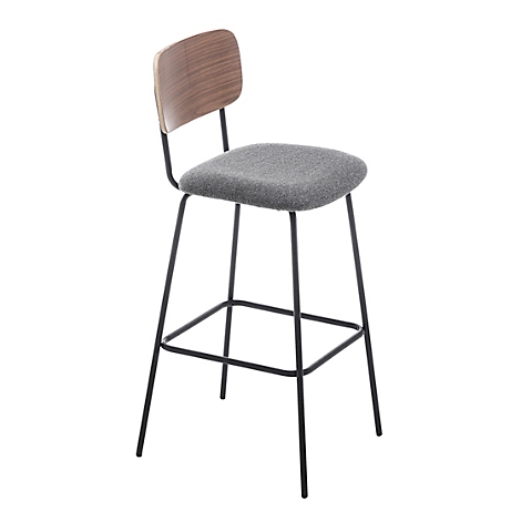 Un tabouret de bar avec dossier en bois, assise grise et pieds en métal noir. La chaise est sur un fond blanc.