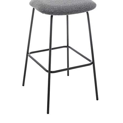 Un tabouret de bar vu de dos : dossier en bois, assise grise, cadre en métal noir. Sur fond blanc.