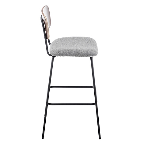 Un tabouret de bar avec une assise grise et un dossier en bois sur fond blanc.