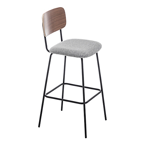 Un tabouret de bar sur fond blanc. L'assise est grise, le dossier est marron et le cadre est noir.