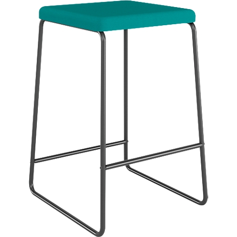 Tabouret de bar moderne avec une assise carrée bleu pétrole sur une structure minimaliste en métal noir.