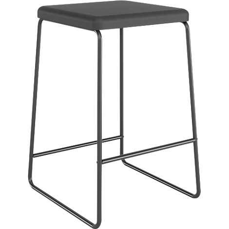 Tabouret de bar gris, assise carrée, cadre métallique.
