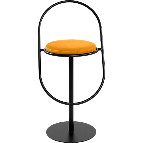 Une chaise noire avec une assise jaune. La chaise a une base ronde et un dossier incurvé.