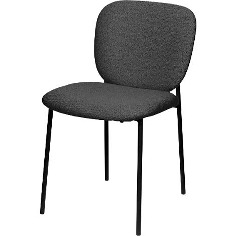 Een grijze stoel met een zwart metalen frame, zitting en rugleuning bedekt met stof.