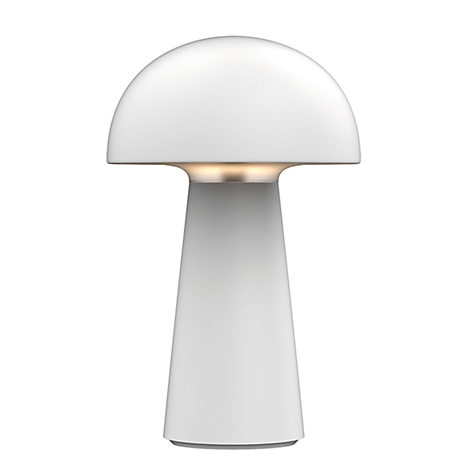 Une lampe de table blanche en forme de champignon. L'abat-jour est rond et la base est conique. L'espace entre l'abat-jour et la base brille.