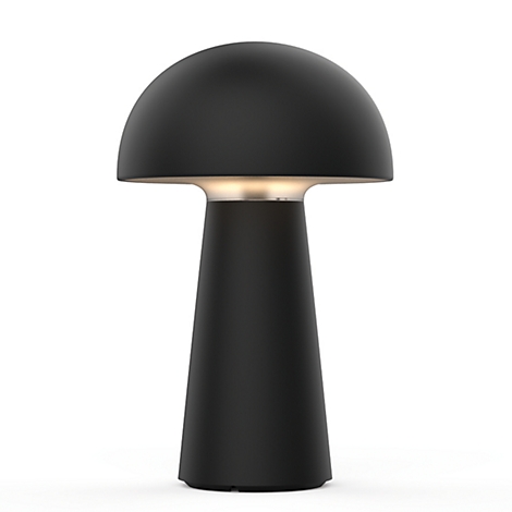 Lampe de table noire en forme de champignon, fond blanc. La lampe a un abat-jour rond et une base conique.