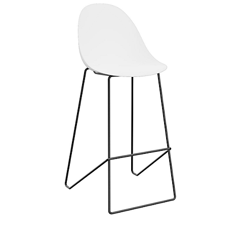 Een witte barkruk met een zwart metalen frame. De zitting is eivormig, de poten zijn taps toelopend.