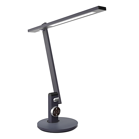Donkergrijze bureaulamp met LED-lichtbalk en ronde voet. Verstelbare scharnieren.