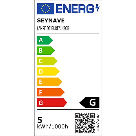 Energieeffizienzlabel mit Skala von A bis G. Aufschrift 'SEYNAVE', 'LAMPE DE BUREAU BOB', Energieeffizienz G.