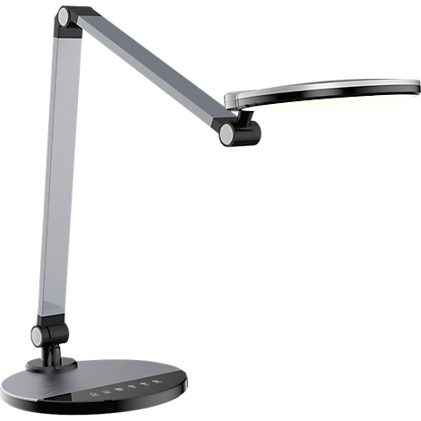 Een elegante bureaulamp met verstelbare armen en een ronde lampenkap.