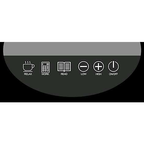 Symbole: Tasse, Taschenrechner, Buch, Minus, Plus, Ein/Aus. Auf dunklem Hintergrund.