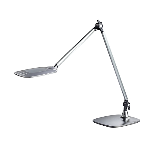 Zilverkleurige bureaulamp met een vierkante voet, twee gelede armen en een rechthoekige lampkop.