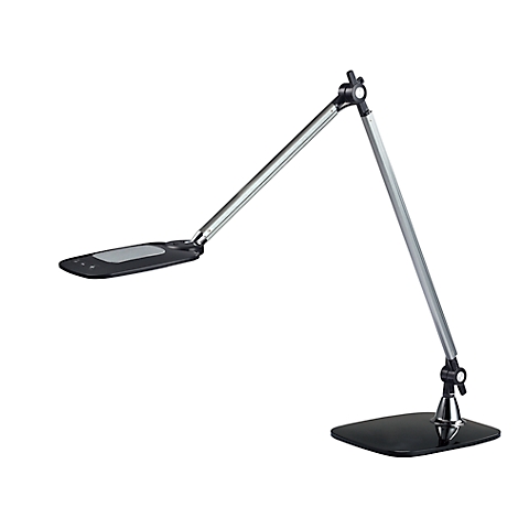 Zwarte bureaulamp met verstelbare armen en een platte lichtkop. Op een witte achtergrond.